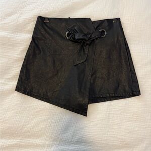 Versona Black Leather Mini Skirt with Tie Detail
